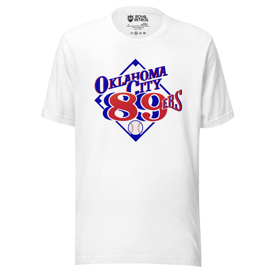 Oklahoma 89ers T-Shirt White. Blue baseball diamond with Oklahoma across, above 3rd base, below 2nd base. 89ers on bottom half of diamond with a baseball below. Royal Retros