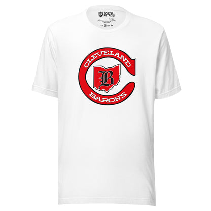 Cleveland Barons 1976 hockey T-shirt. White. Red C with Cleveland in white inside top of C, Barons in white in lower part of C. Inside C is Ohio background in red with B in old English typeface overtop. White background inside. Royal Retros