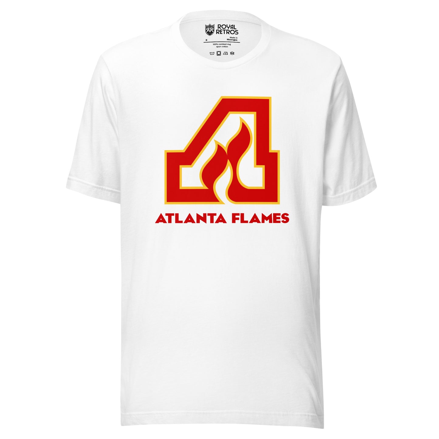 Atlanta Flames T-shirt. White. Large red A with gold trim with flames coming up into letter. Atlanta Flames in red below. Royal Retros