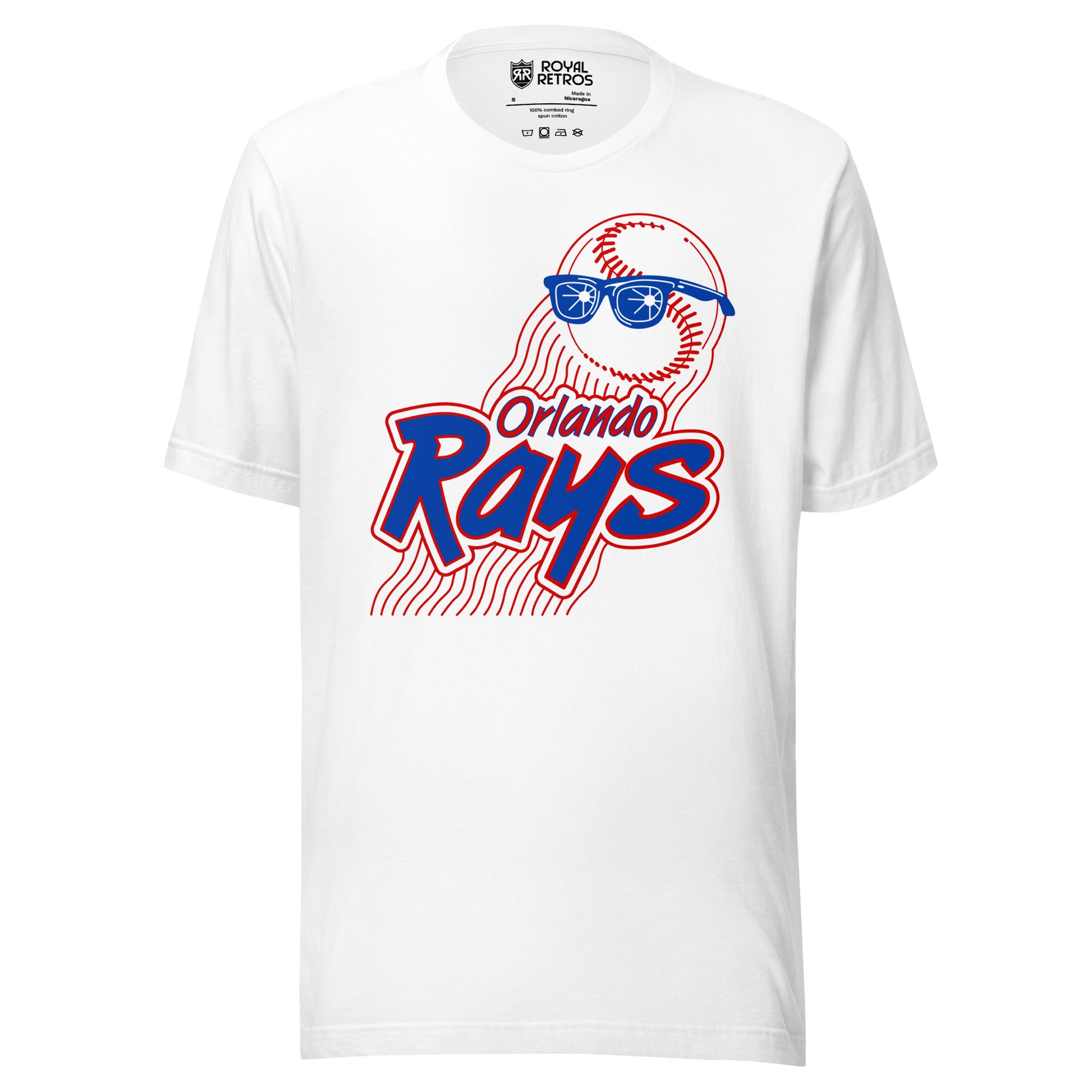 Orlando Rays baseball T-shirt. White. Baseball upper right wearing blue sunglasses. Orland in red small above Rays large in blue with red outline. White background for both. Red rays underneath diagonal left to right down. Royal Retros