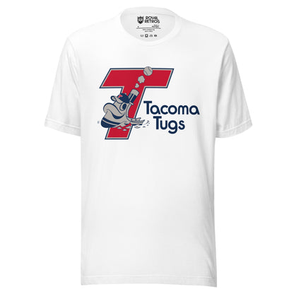 Tacoma Tugs T-shirt white.  Angled red T with blue and white trim. Animated blue and white tig going across bottom of T. Tacoma Tugs in blue in Cascadia typeface to right of T. Royal Retros