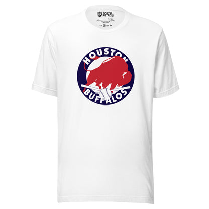 Houston Buffalos baseball T-shirt  White. Blue circle, Houston arched in white inside top, Buffalos arched up white at bottom of circle. White background inside of circle. Red buffalo to the right inside. Royal Retros