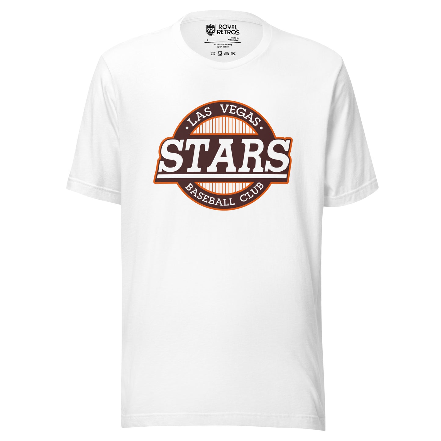 Las Vegas Stars baseball T-shirt white. White circle with orange trim, Stars in white underlined across middle. Las Vegas in white inside top of circle, Baseball Club in white below inside circle. Royal Retros. 