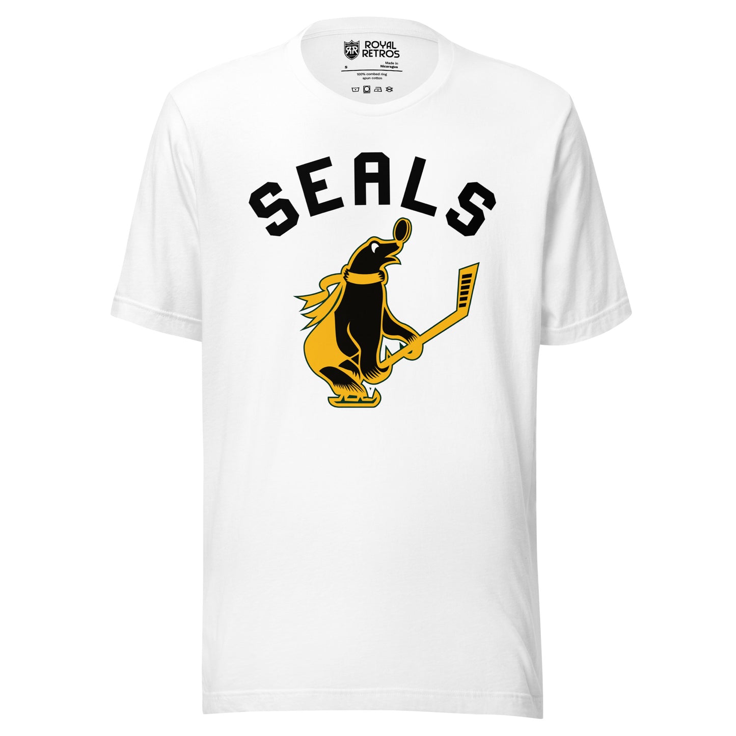 San Francisco Seals hockey T-shirt white. Seals in black, large arched above Seal with gold scarf carrying a hockey stick and facing right. Royal Retros