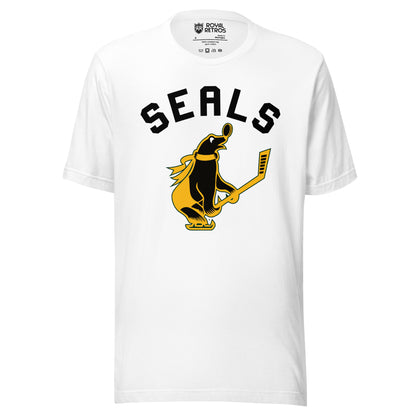 San Francisco Seals hockey T-shirt white. Seals in black, large arched above Seal with gold scarf carrying a hockey stick and facing right. Royal Retros