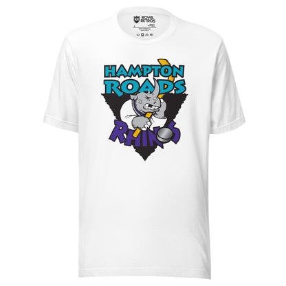 White Hampton Roads Rhinos T-Shirt featuring a cartoon rhino design. Ryal Retros