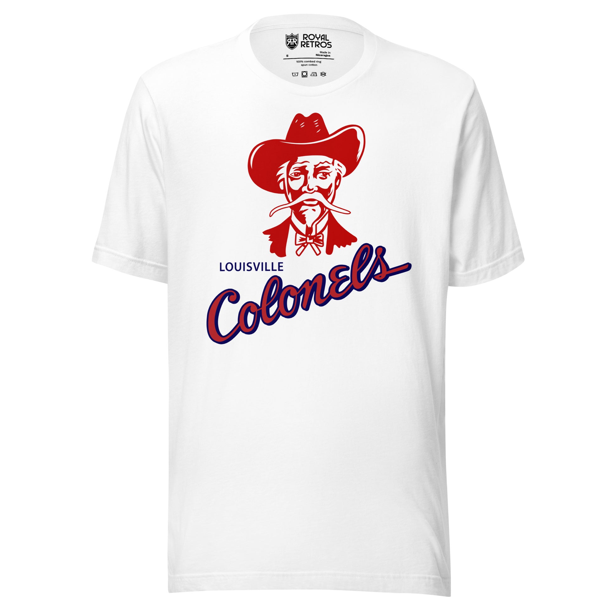 Louisville Colonels baseball T-shirt. White. Red and white colonel facing viewer in red cowboy hat, long white moustache, bow tie, and red jacket. Colonels angled from lower left to upper right below colonel. Red with blue trim. Royal Retros.