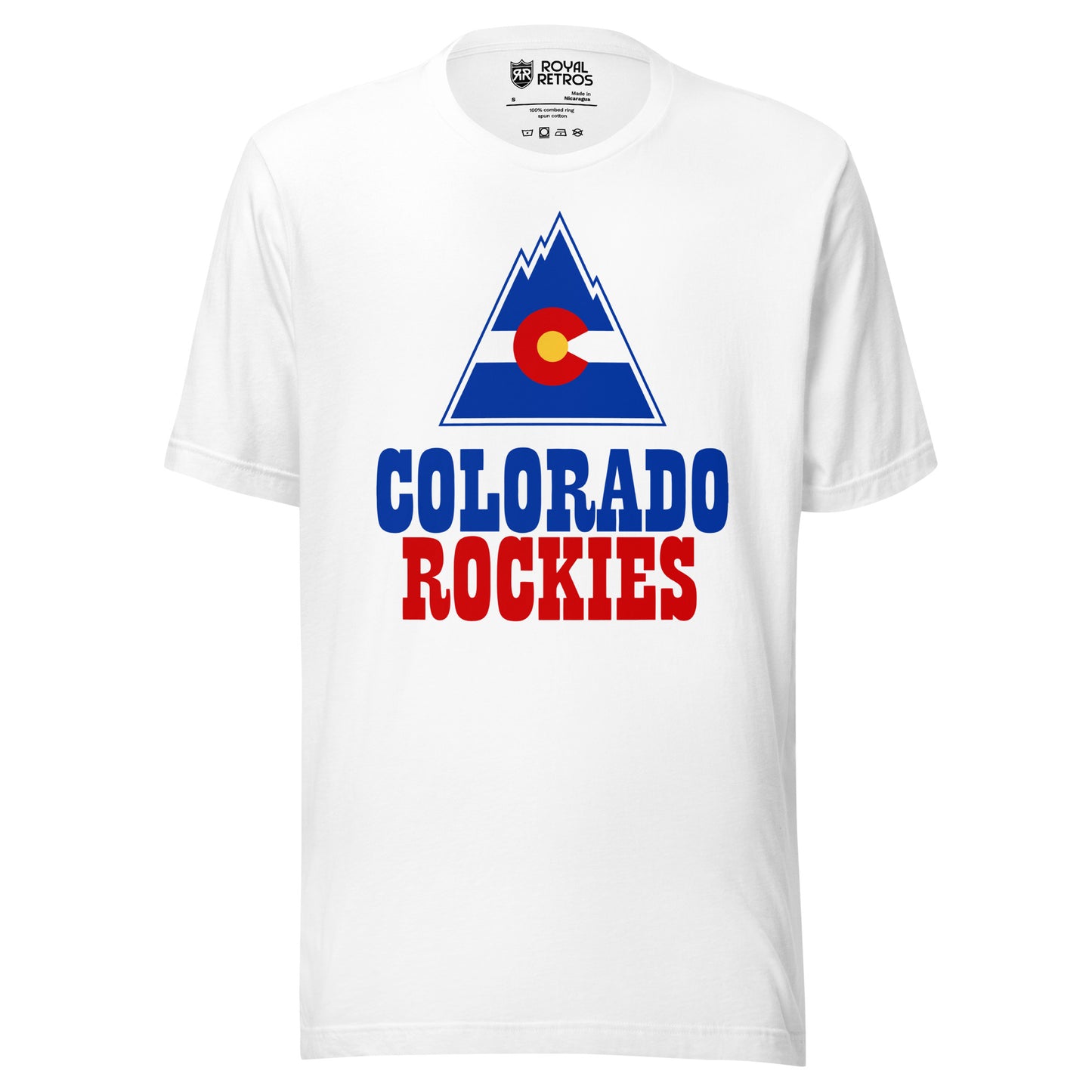 Colorado Rockies hockey T-shirt. White. White mountain with blue top and bottom. C around gold circle in center. Colorado in Blue above Rockies in Red below. Royal Retros