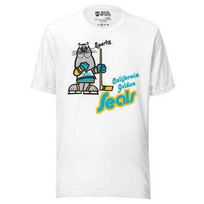 California Golden Seals Sparky T-shirt. White. Gray seal on skates with gold and teal gloves holding a yellow stick. California Golden in teal small to the right of hockey stick blade. Seals below in teal with gold trim lowercase in diablo typeface. Royal Retros