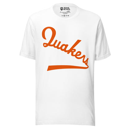 Philadelphia Quakers hockey T-shirt. White. Quakers in orange script diagonal down left to right, with tail coming off S. Royal Retros