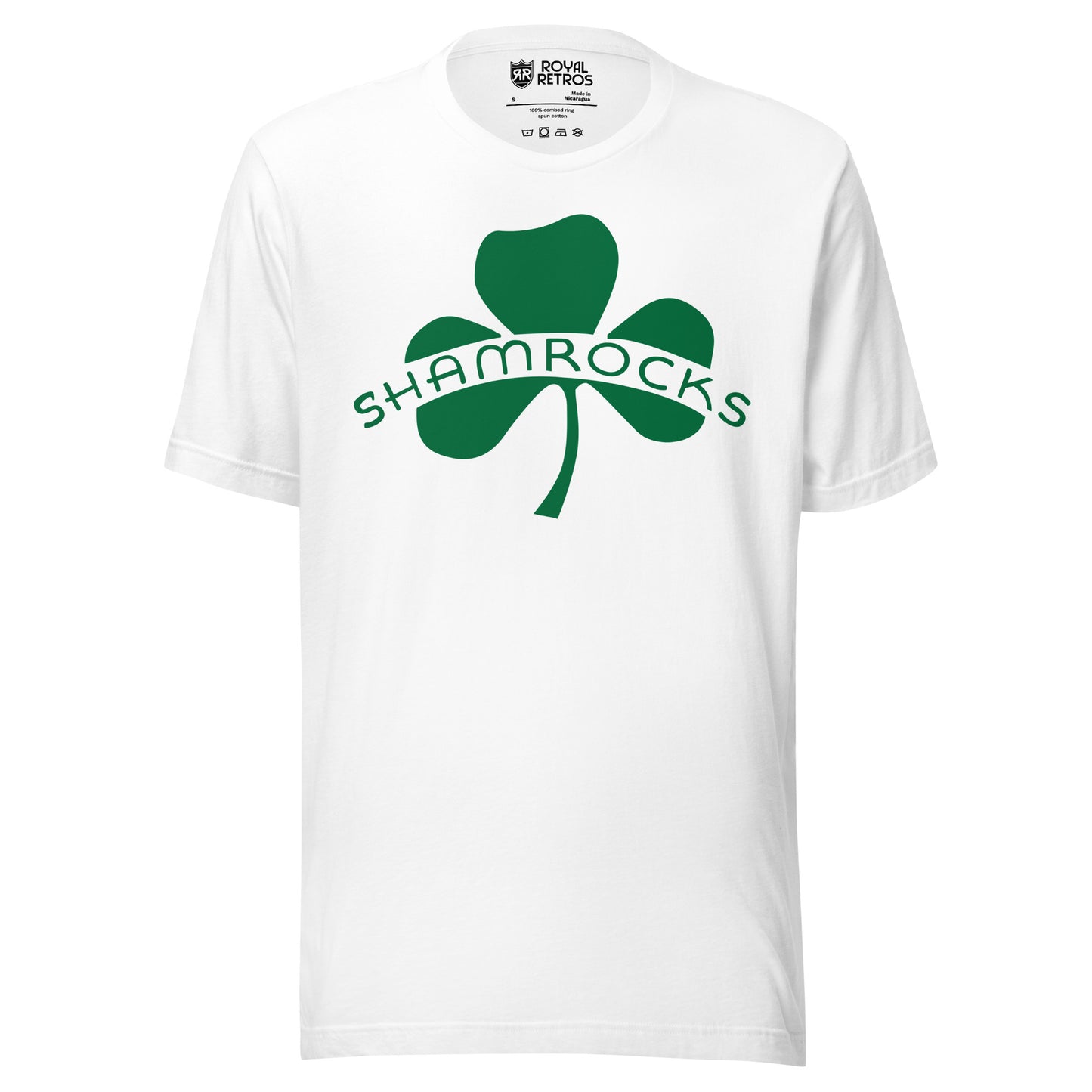 Chicago Shamrocks hockey T-shirt. White. Green shamrock, with Shamrocks in all caps across left and right leaves. Royal Retros