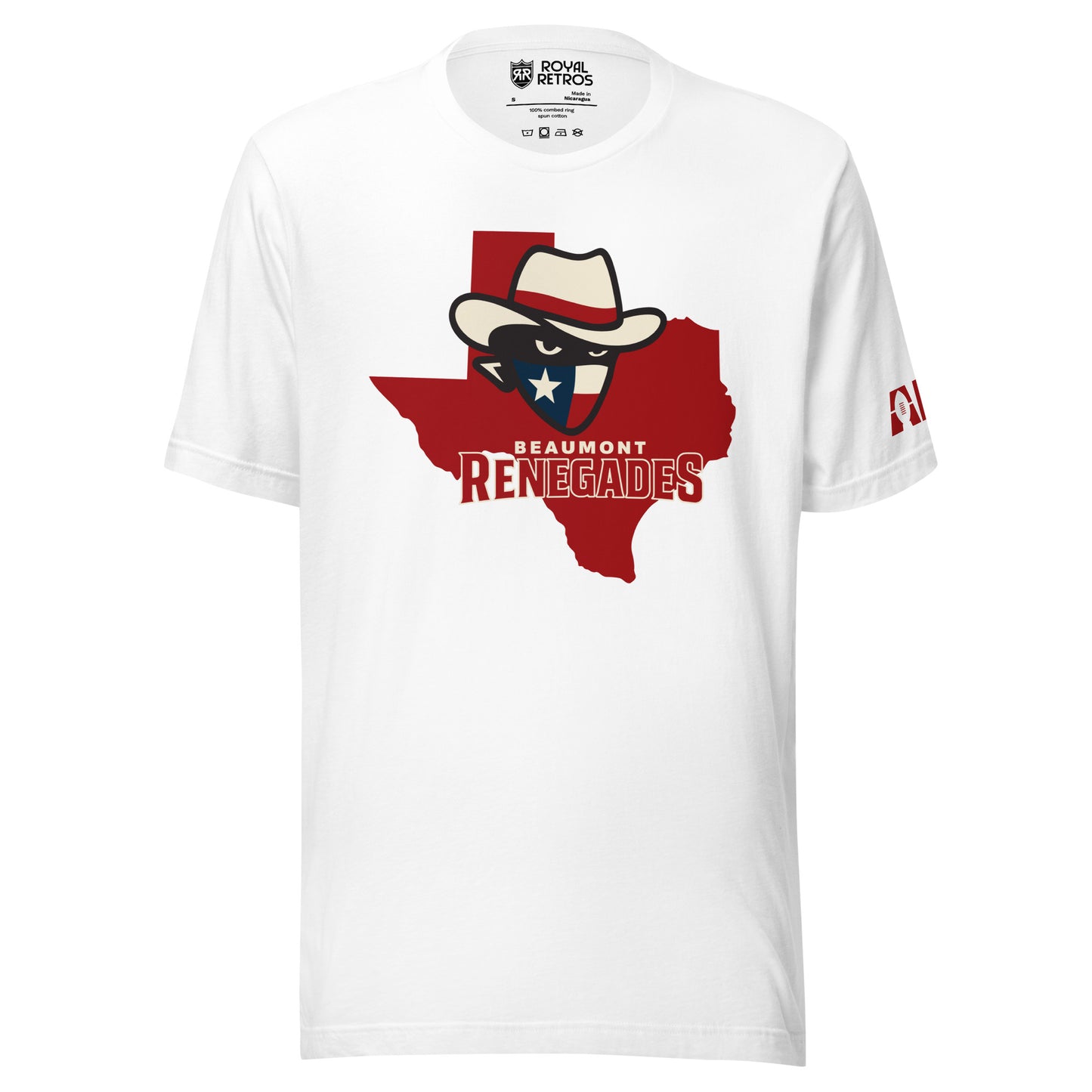 Beaumont Renegades AF1 T-shirt. White. Red Texas outline. Bandit face with white hat with red band. Dark face with white eyes. Bandana of Texas flag, white star on blue field on left, White and red stripe on right. Beaumont small in white above Renegades in red large. Royal Retros.
