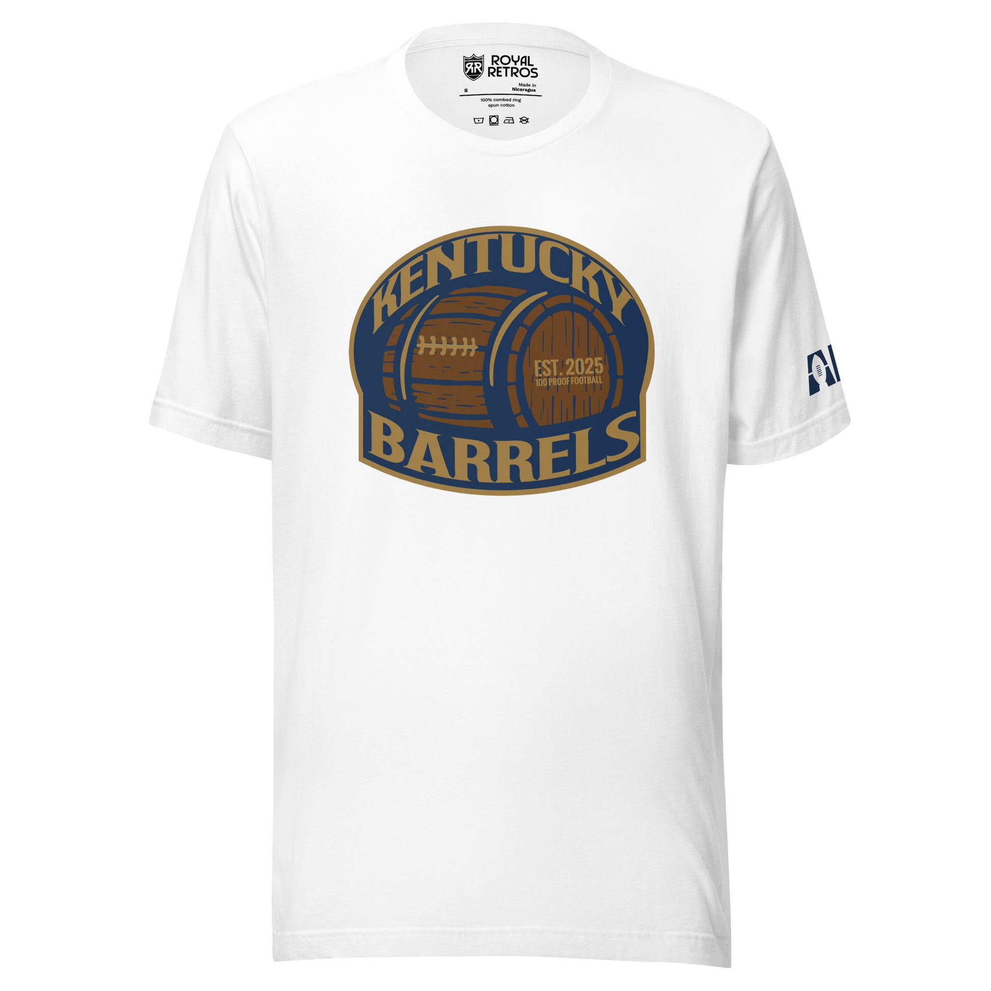 Kentucky Barrels AF1 football T-shirt. White. Logo on chest is a rounded square with blue background with Kentucky in gold arched over a barrel, with Barrels underneath. Shape is outlined in gold. Royal Retros