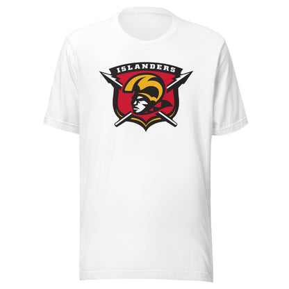 Hawaiian Islanders af2 arena football T-shirt. White. Shield. Islanders in white at top of shield. Red inside. Spears protruding from left and right of shield. Warrior head with gold headgear facing left. Royal Retros