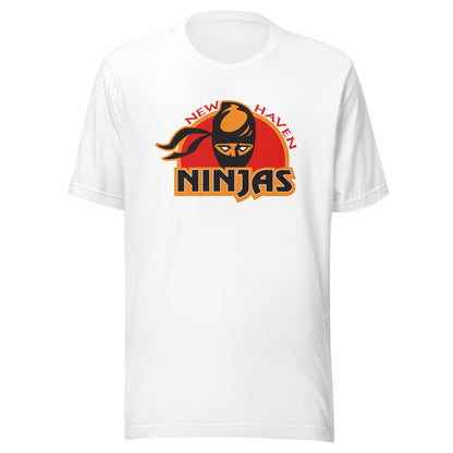 New Haven Ninjas af2 arena football T-shirt. White.  New Haven in red separated by ninja head over red field. Ninjas in black below. Royal Retros.