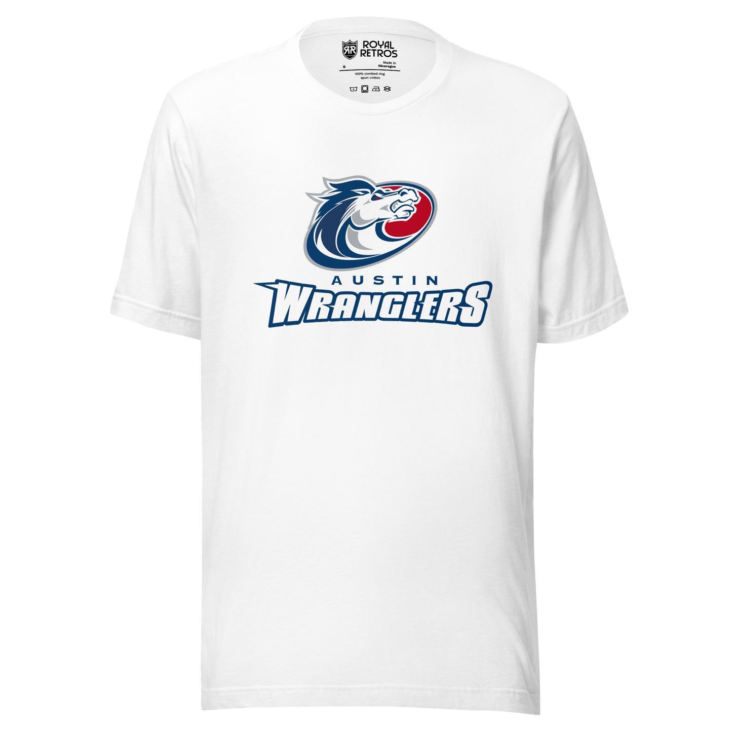 Austin Wranglers Arena Football League T-shirt. White. Horse head with blue mane facing left over oval with red background. Auston small above Wranglers large. Royal Retros