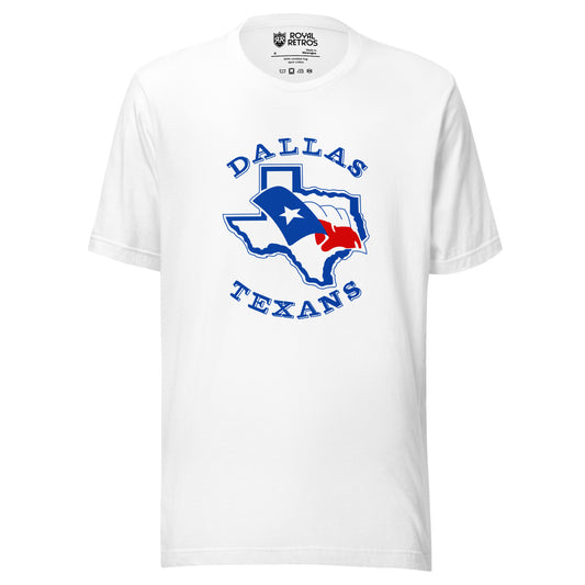 Dallas Texans Arena Football League T-shirt. White. Dallas in blue arched above outline of Texas, white with blue trim, and waving Texas flag across center. Texans arched up in blue below. Royal Retros