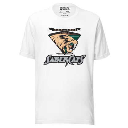 San Jose Sabercats Arena Football League T-shirt white. San Jose in gold in small black banner, waving at ends, Above upside down triangle shield with sabertooth tiger facing right. Stylized SABERCATS in blue on black background with white trim below. Royal Retros