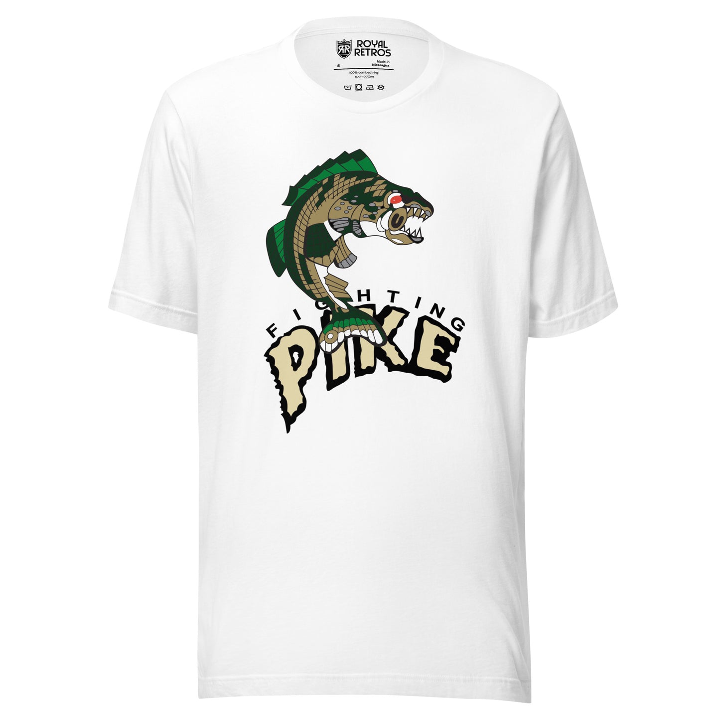 Minnesota Fighting Pike Arena Football League T-shirt. White. Angry pike, jumping up to the right. PIKE large in silver below. Royal Retros