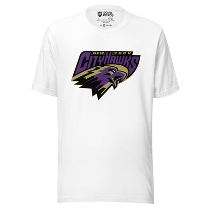 New York CityHawks Arena Football League T-shirt. White. New York in small in gold above CityHawks large in purple. Tan, black, and purple hawk's head facing right below. Royal Retros