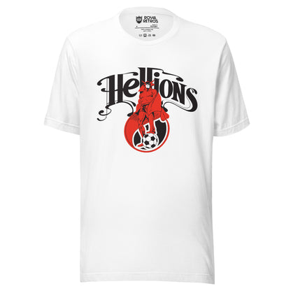 Hartford Hellions Major Indoor Soccer League MISL T-shirt. White. Stylized Hellions in black above red beast over small soccer ball. Royal Retros.