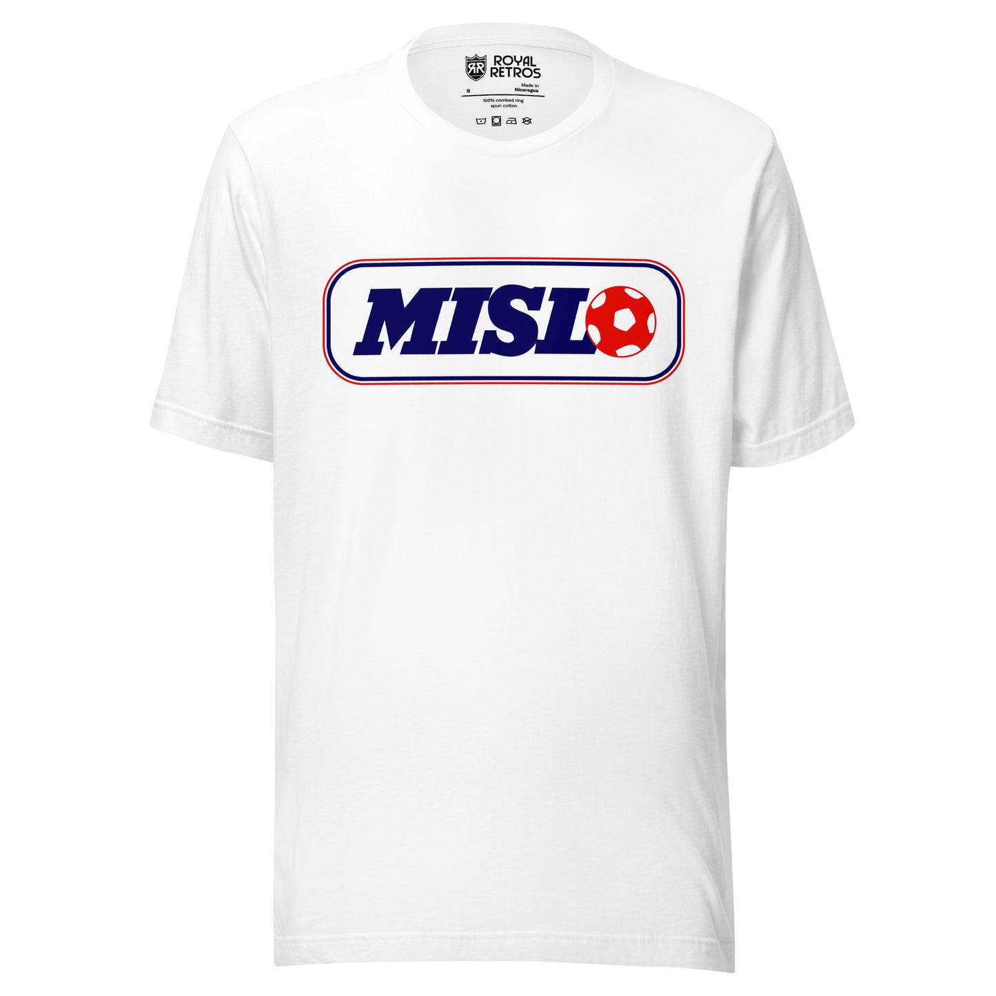 Major Indoor Soccer League MISL T-shirt. White. White rectangle wit blue trim. MISL in blue inside with a red soccer ball next to the L. Royal Retros