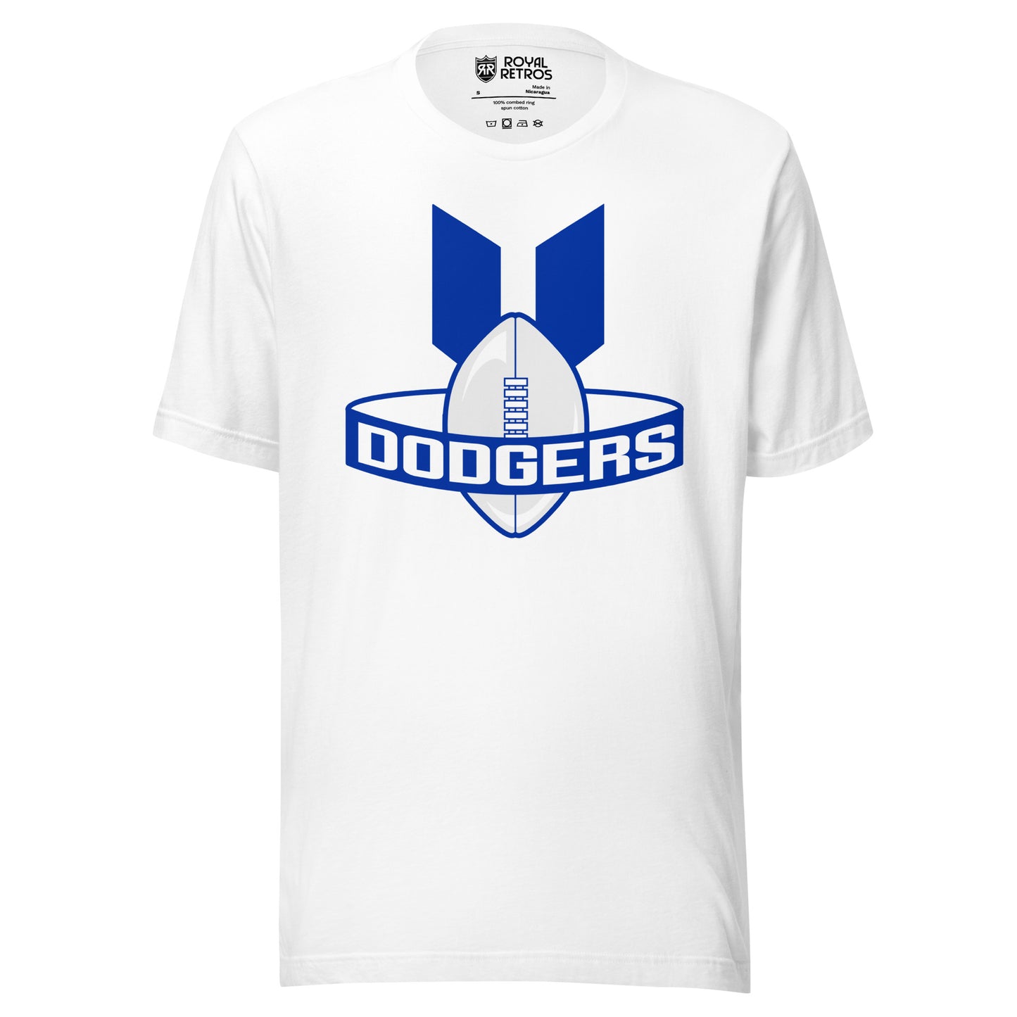 Brooklyn Dodgers AAFC T-shirt. White. Football on its end with find coming off the top left and right. Band around football, blue background with Dodgers in white. Royal Retros