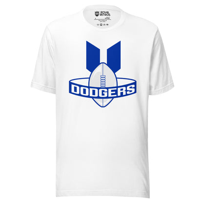 Brooklyn Dodgers AAFC T-shirt. White. Football on its end with find coming off the top left and right. Band around football, blue background with Dodgers in white. Royal Retros