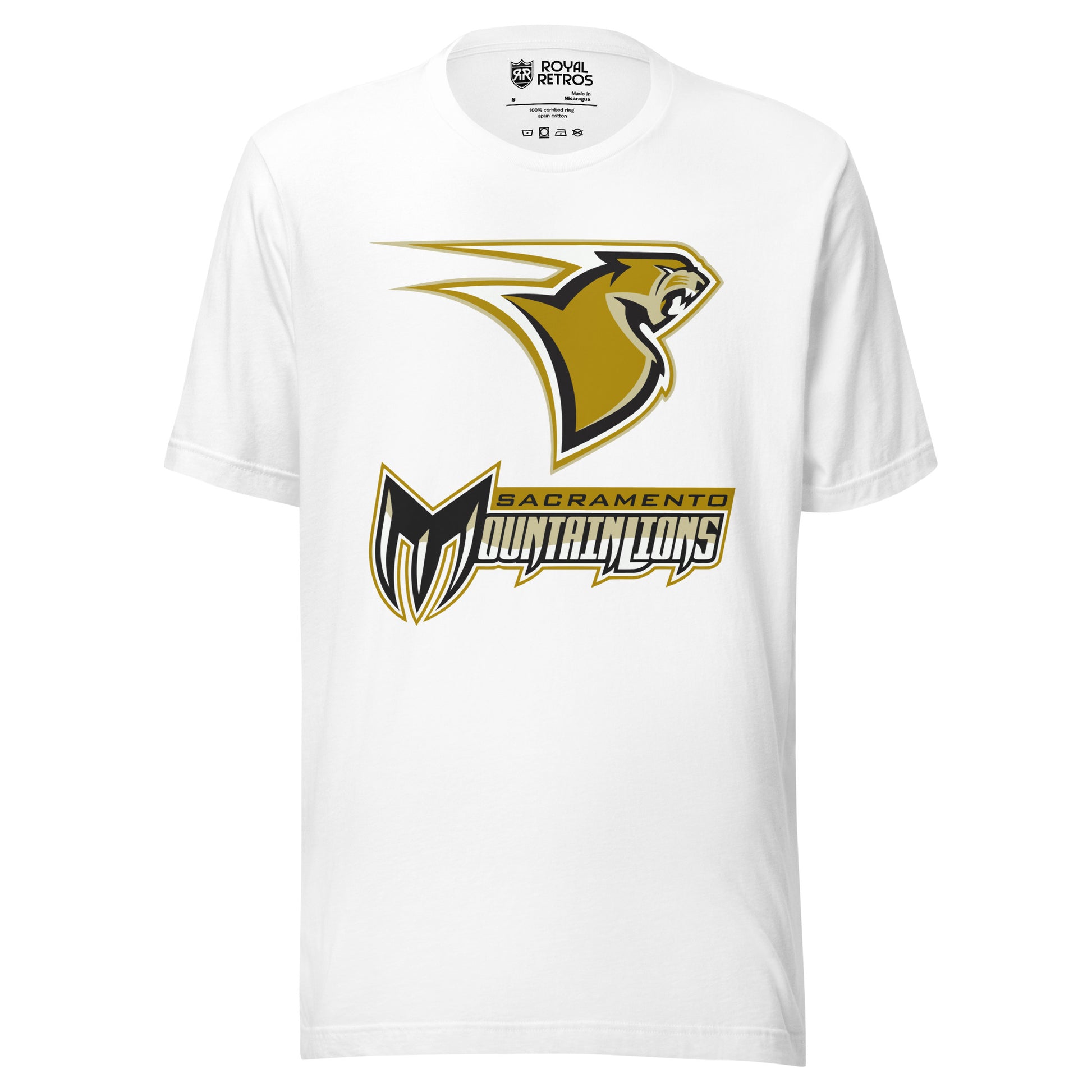Sacramento Mountain Lions. UFL-2009 T-shirt. White. Stylized mountain lion head facing left. Lion is gold with black, gray, and white, trim with gold and white steaks off to the left. Sacramento small in black n gold banner above large stylized Mountain Lions in silver with gold and white trim. M is black and shaped like a claw, with silver scratch marks in the fingers. Royal Retros