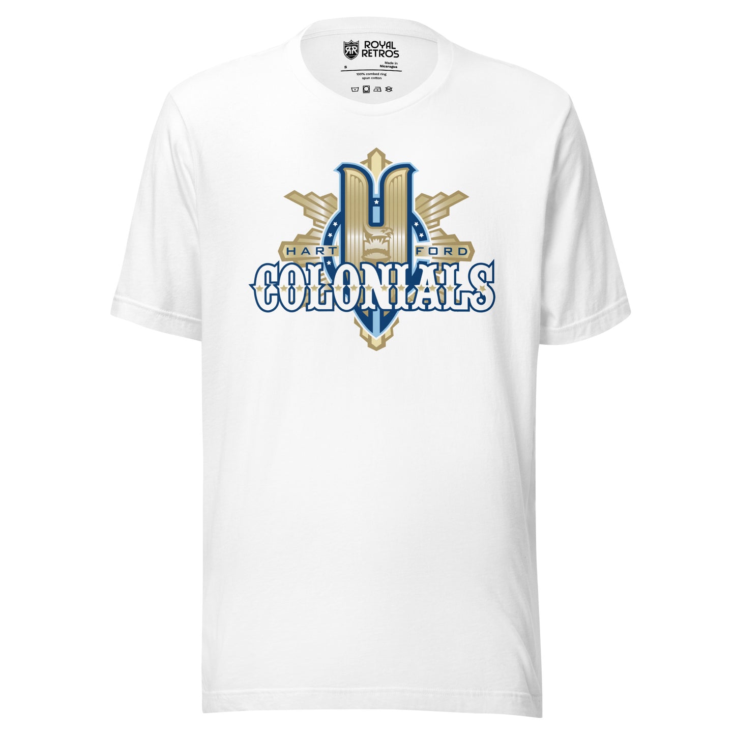 Hartford Colonials UFL-2009 T-shirt. White. Large gold H over gilded shield. Colonials in white with gold trim across shield. Royal Retros