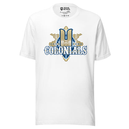 Hartford Colonials UFL-2009 T-shirt. White. Large gold H over gilded shield. Colonials in white with gold trim across shield. Royal Retros