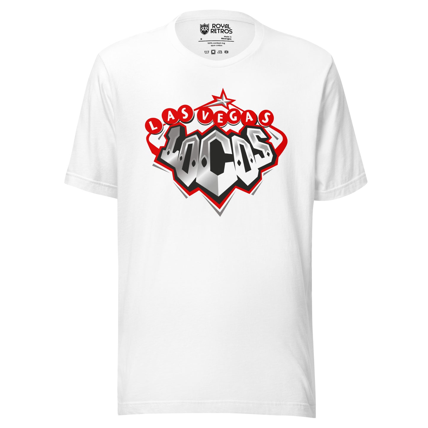 Las Vegas Locomotives UFL-2009 T-shirt white. Diamond shaped logo with red trim features Las Vegas spelled out in white letters on red circles across top. Silver star at very top of diamond. Locos in silver, letters form a cow-catcher at bottom of diamond. Royal Retros