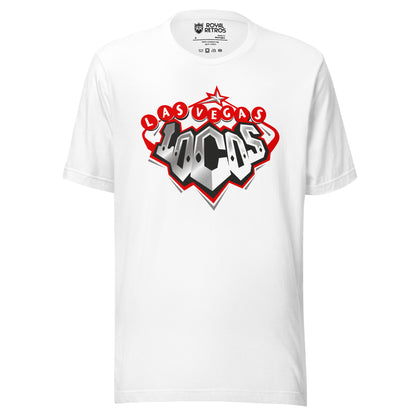 Las Vegas Locomotives UFL-2009 T-shirt white. Diamond shaped logo with red trim features Las Vegas spelled out in white letters on red circles across top. Silver star at very top of diamond. Locos in silver, letters form a cow-catcher at bottom of diamond. Royal Retros