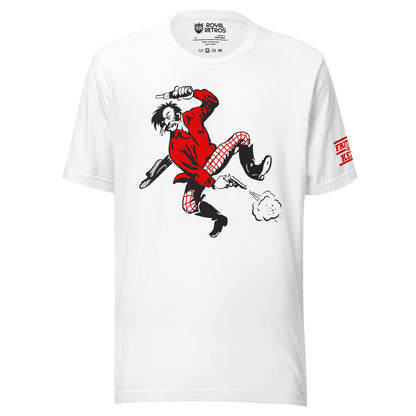 San  Francisco AAFC T-shirt. White. Prospector jumping to left. Shooting revolver with left hand over head, shooting a revolver with right hand down between legs. Wearing red shirt, red & white checkered pants. Cowboy hat falling off to the left. Royal Retros