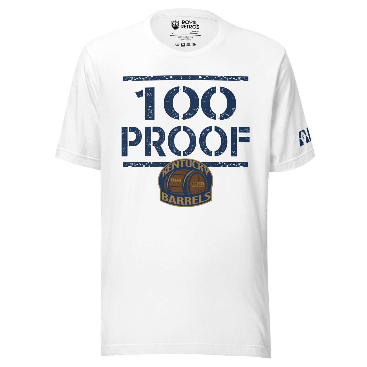 Kentucky Barrels 100 Proof T-shirt. Blue line across top. White. 100 with PROOF below. Blue line below. Logo small below over middle of blue line. Logo on chest is a rounded square with Kentucky in gold arched over a barrel, with Barrels underneath. Shape is outlined in gold. Royal Retros