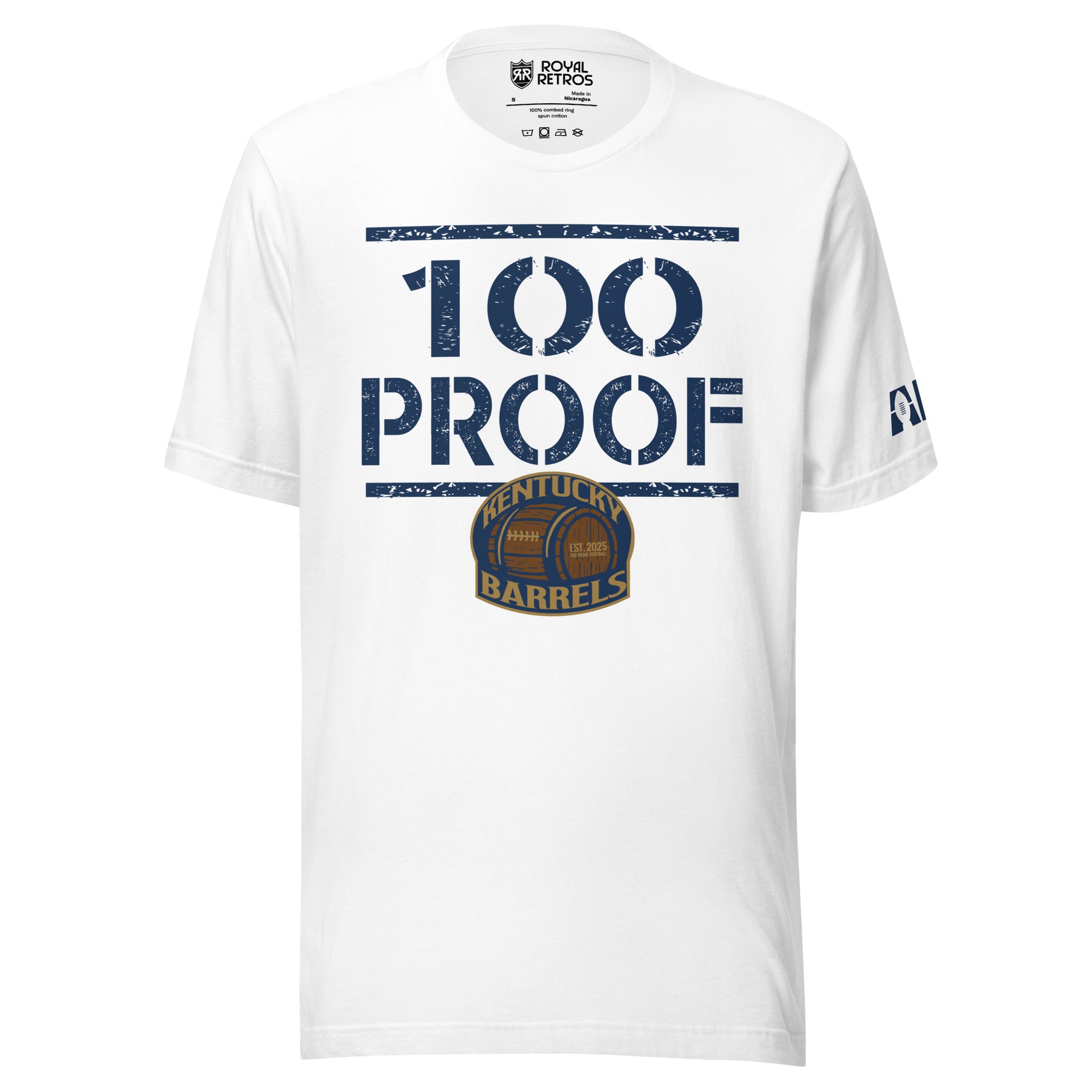 Kentucky Barrels 100 Proof T-shirt. Blue line across top. White. 100 with PROOF below. Blue line below. Logo small below over middle of blue line. Logo on chest is a rounded square with Kentucky in gold arched over a barrel, with Barrels underneath. Shape is outlined in gold. Royal Retros