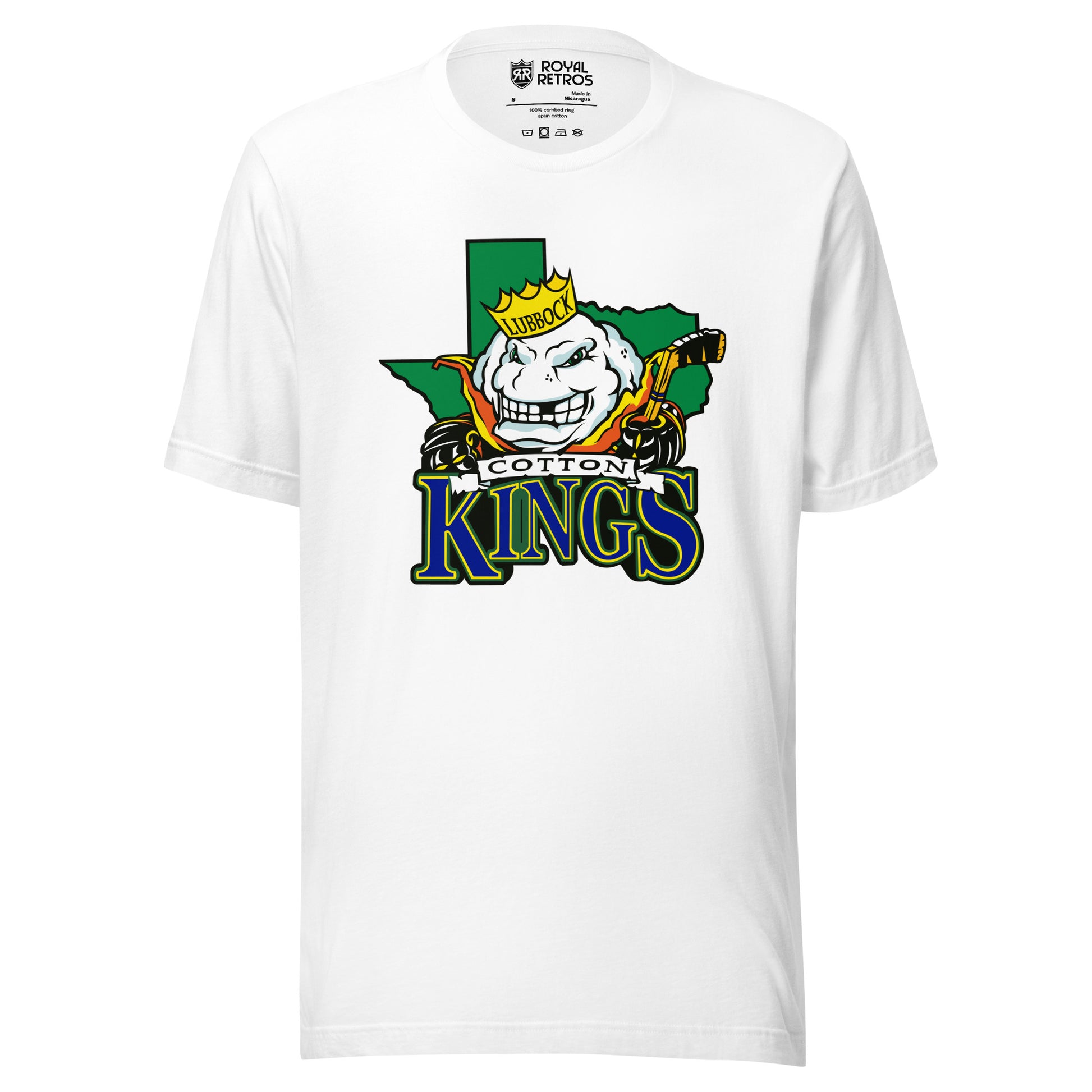 Lubbock Cotton Kings hockey T-shirt. White. Green Texas background. Anthropomorphized cotton ball, with a menacing look over Texas. Cotton in black on white ribbon small above KINGS large in blue with green trim below. Royal Retros