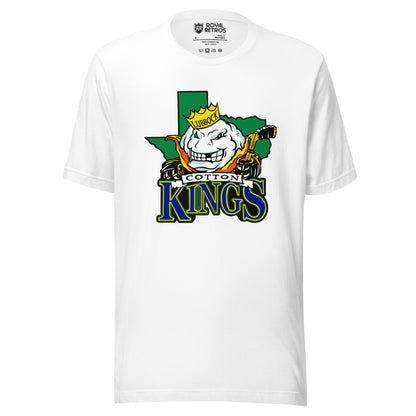 Lubbock Cotton Kings hockey T-shirt. White. Green Texas background. Anthropomorphized cotton ball, with a menacing look over Texas. Cotton in black on white ribbon small above KINGS large in blue with green trim below. Royal Retros