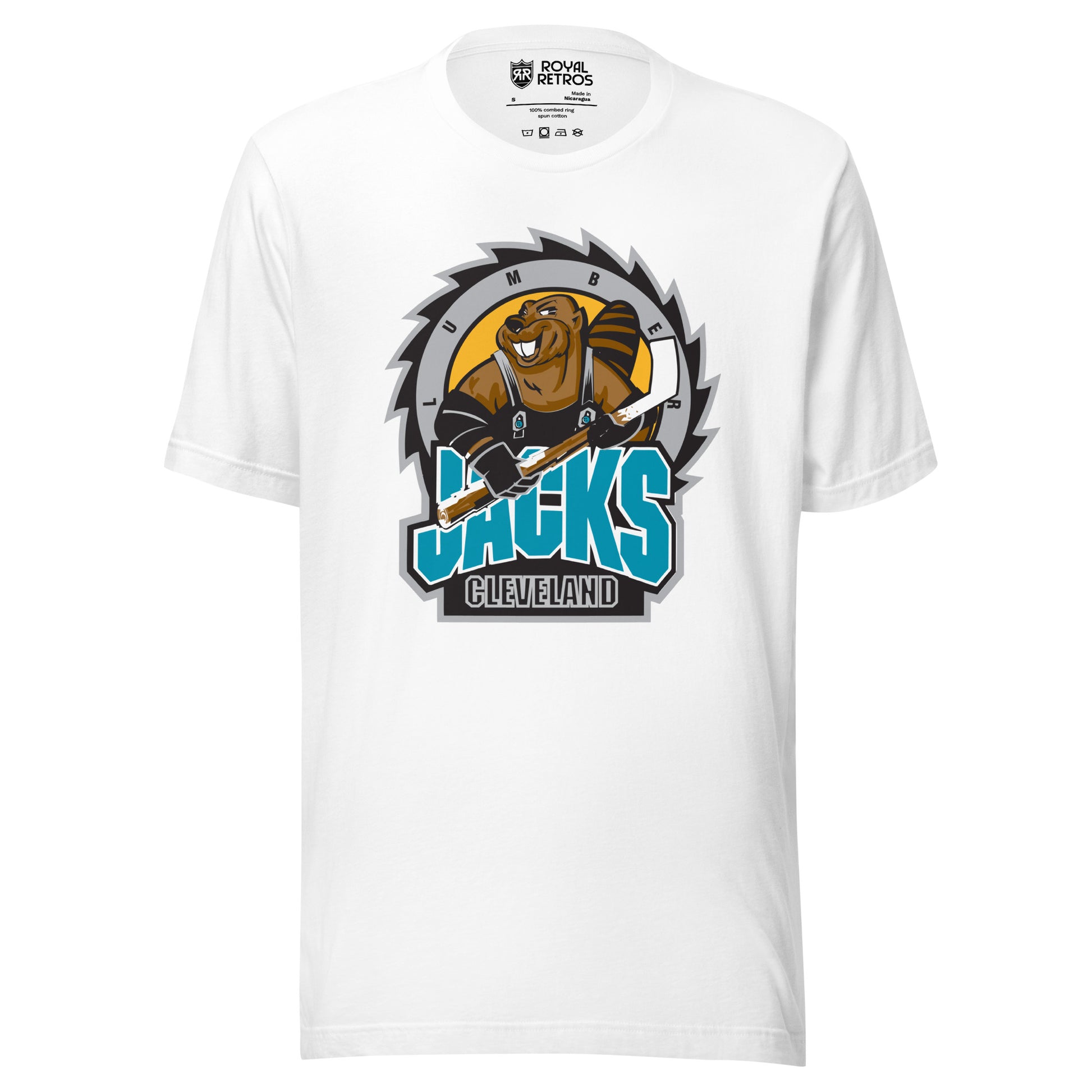 Cleveland Lumberjacks hockey -shirt IHL. White. Buzzsaw blade with black teeth, silver edge, gold background. Cartoon beaver holding hockey stick. JACKS large in teal below. Cleveland in white outline on black background below that. Royal Retros. 