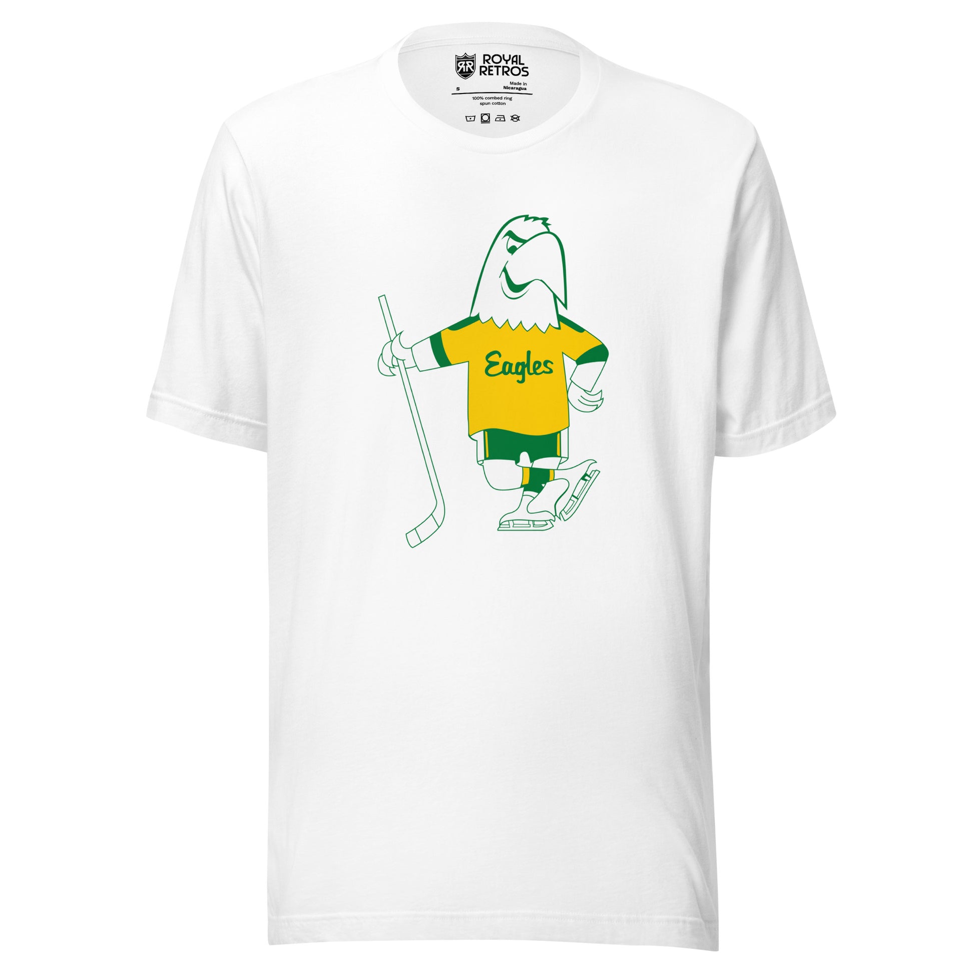 Salt Lake Golden Eagles Hockey T-shirt. White. Cartoon white Eagle drawn in green wearing a gold jersey with Eagles in script across chest. Green sleeve ends on Eagle's jersey. Green shorts with yellow stripes. Wearing white skates and holding a hockey stick in his right wing. Royal Retros.