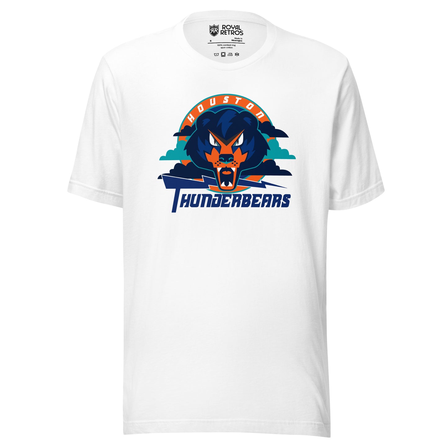 Houston ThunderBears arena football league T-shirt. White. Houston arched in white on orange background. Angry bear face over teal and blue clouds. Purple lightning bolt going to the right. Thunderbears in purple below. Royal Retros