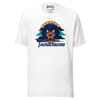Houston ThunderBears arena football league T-shirt. White. Houston arched in white on orange background. Angry bear face over teal and blue clouds. Purple lightning bolt going to the right. Thunderbears in purple below. Royal Retros