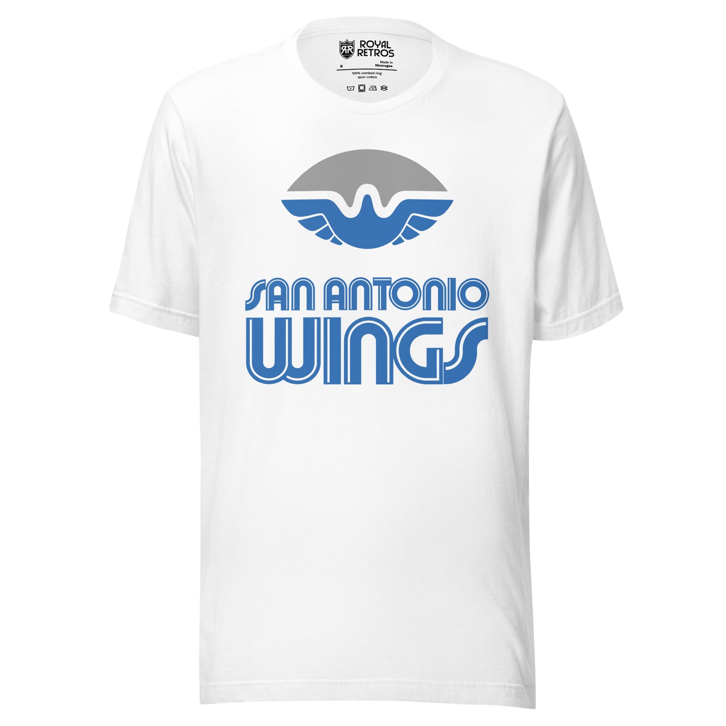 San Antonio Wings World Football League WFL T-shirt. White. White football with stylized bird with wings in blue filling in the bottom of the ball. San Antonio in blue with white trim above larger WINGS. Royal Retros