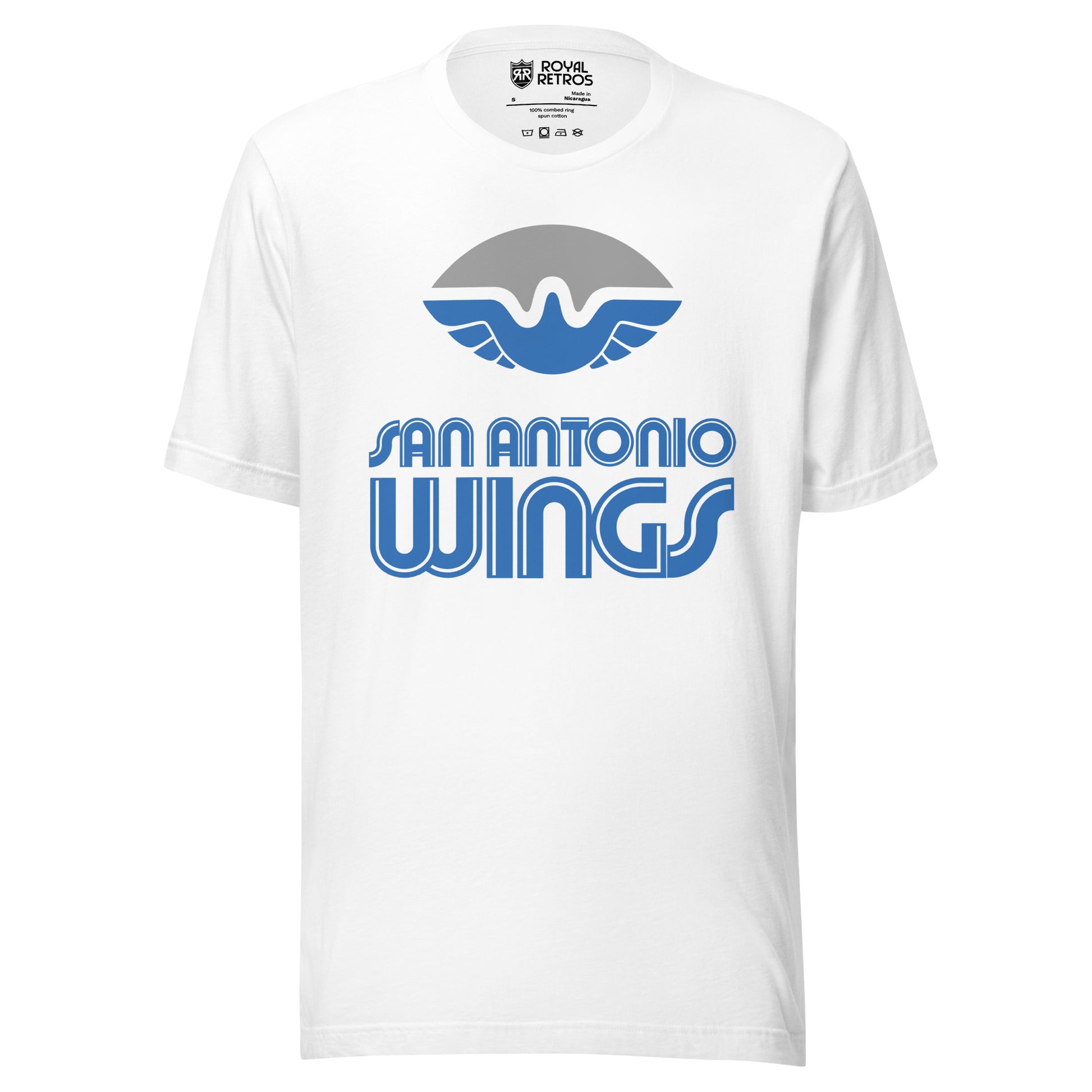 San Antonio Wings World Football League WFL T-shirt. White. White football with stylized bird with wings in blue filling in the bottom of the ball. San Antonio in blue with white trim above larger WINGS. Royal Retros