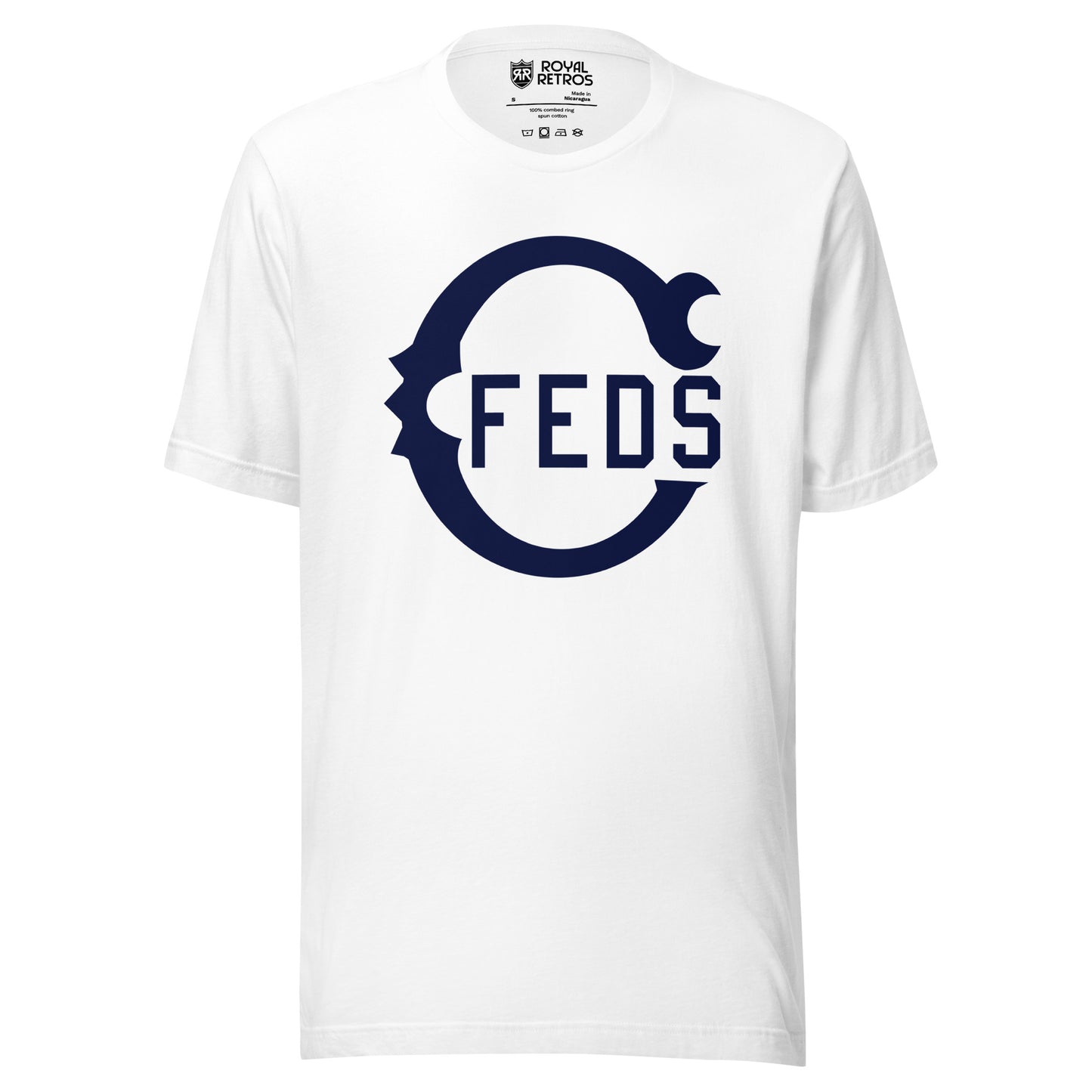 Chicago Feds baseball T-shirt. White. Large blue Script C with FEDS in side. Royal Retros