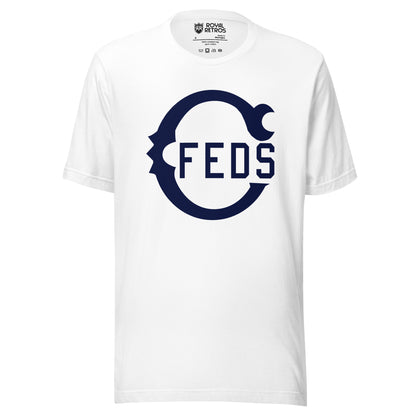 Chicago Feds baseball T-shirt. White. Large blue Script C with FEDS in side. Royal Retros