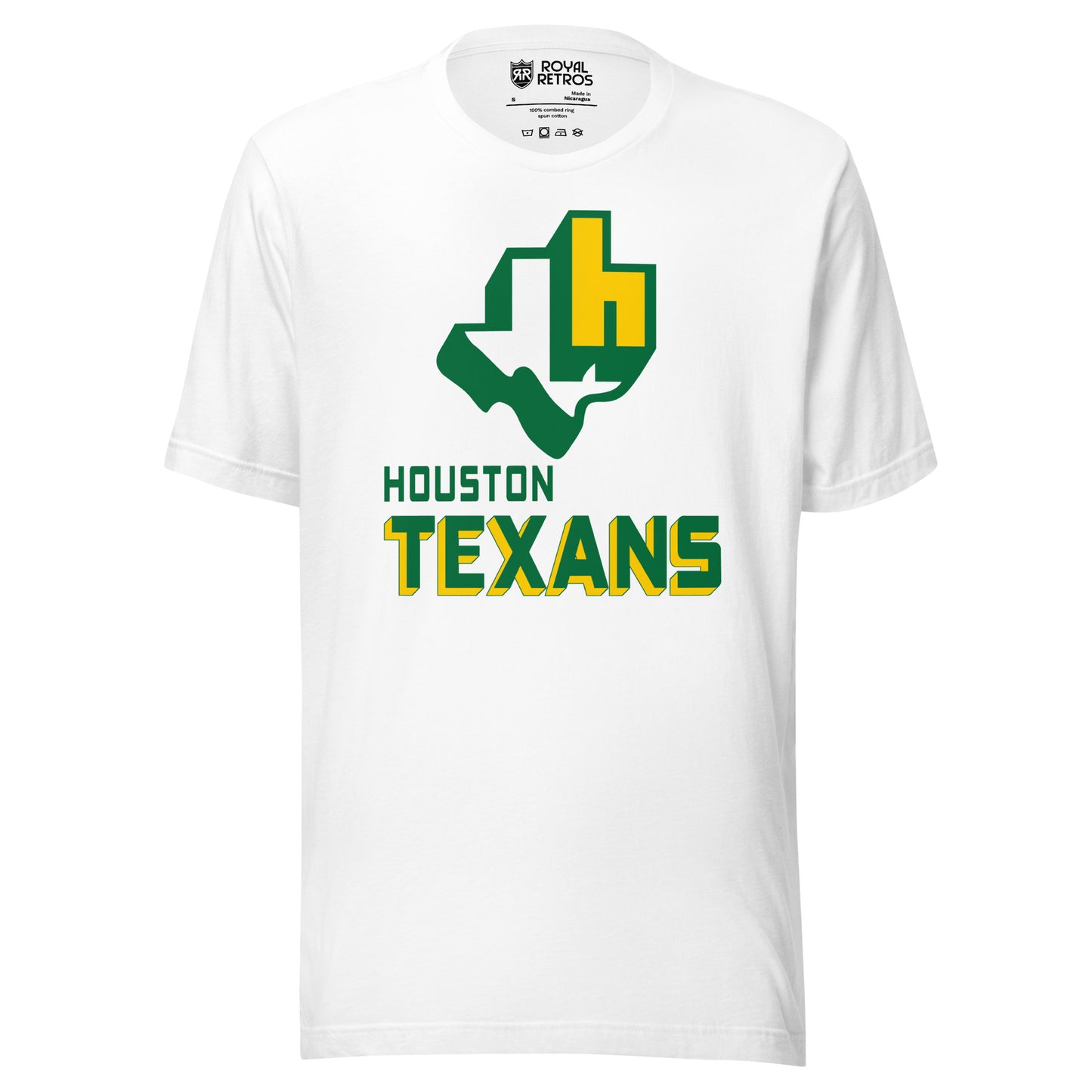 Houston Texans World Football League WFL T-shirt. White. White Texas with green shadow. Lower case H over top right of Texas. Below is Houston small green to the left over large TEXANS green with yellow trim. Royal Retros