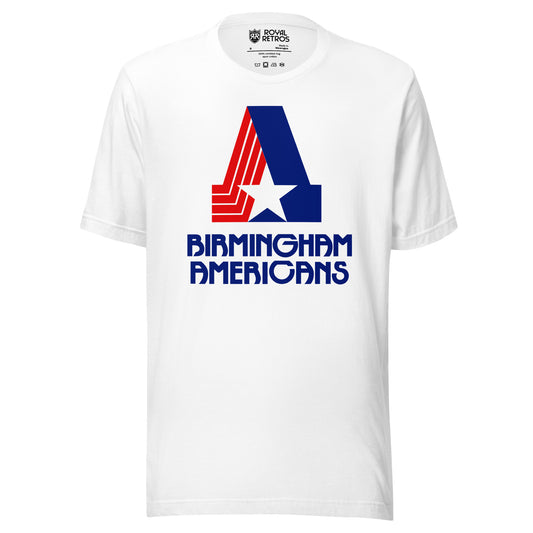 Birmingham Americans World Football League T-shirt. White. Large A comprised of four red bands on the left, solid blue on the right, with a star forming the bottom of the A. BIRMINGHAM large in blue over AMERICANS in blue. Royal Retros