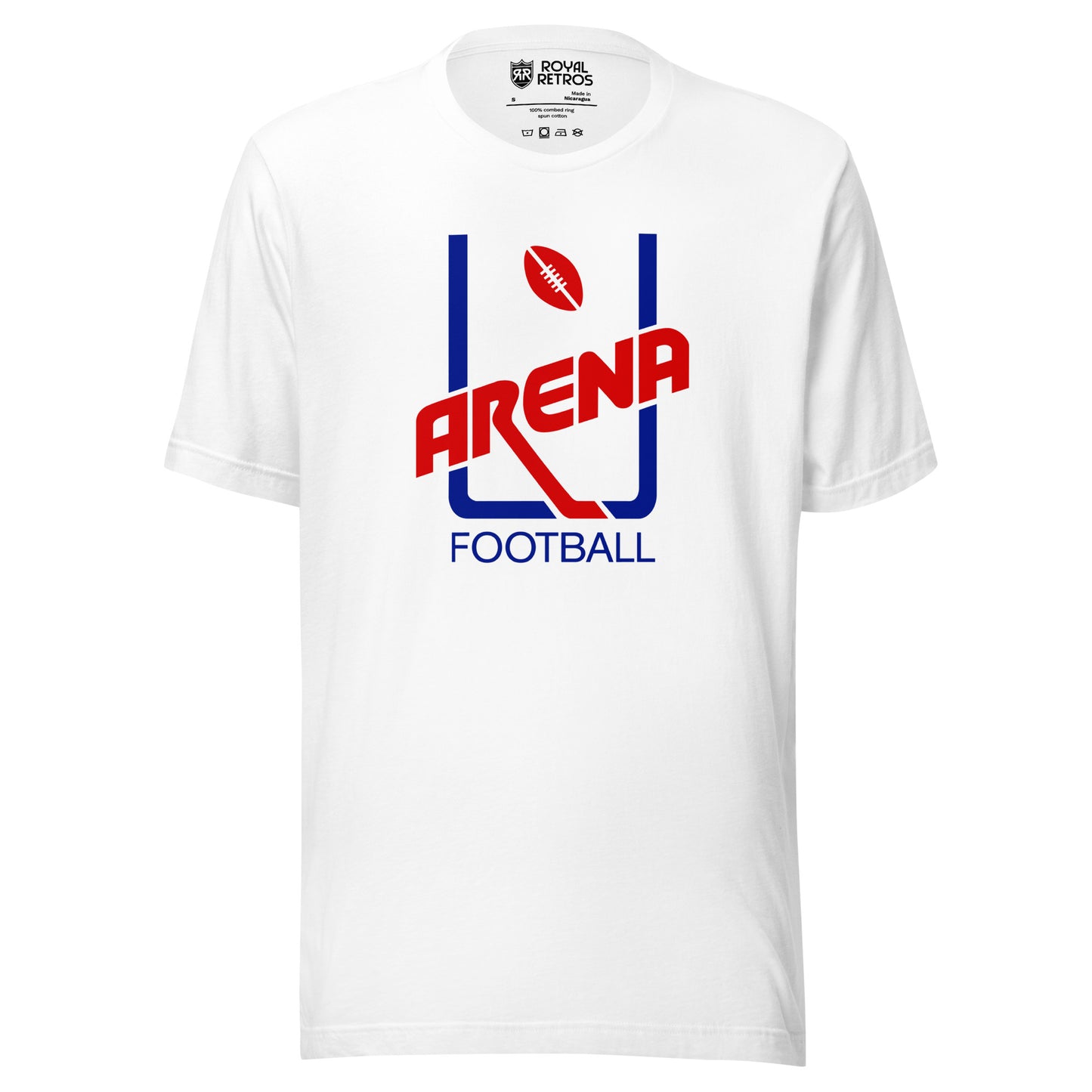 Arena Football League original goalpost logo T-shirt. White. Blue uprights, red football in between at top. Stylized ARENA in red diagonal left up to right across bottom of uprights. FOOTBALL in blue below. Royal Retros