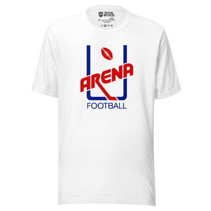 Arena Football League original goalpost logo T-shirt. White. Blue uprights, red football in between at top. Stylized ARENA in red diagonal left up to right across bottom of uprights. FOOTBALL in blue below. Royal Retros
